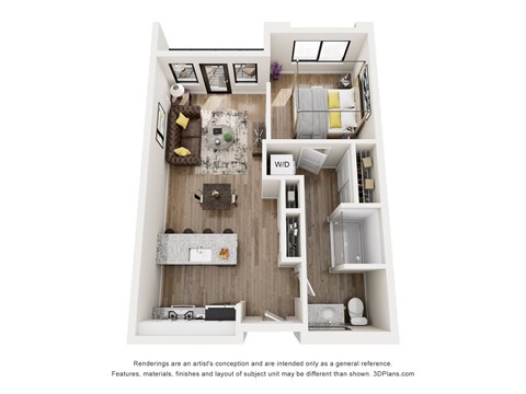 A 3D floor plan of a small apartment with a kitchen, living room, and bedroom.